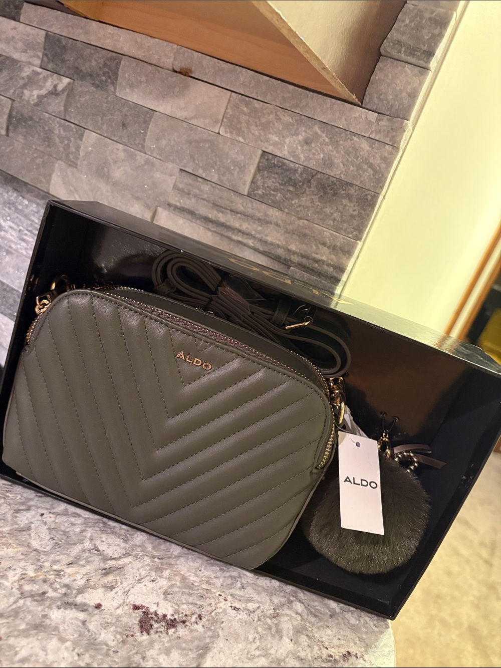 ALDO Olive Quilted Crossbody Bag with Pom Charm